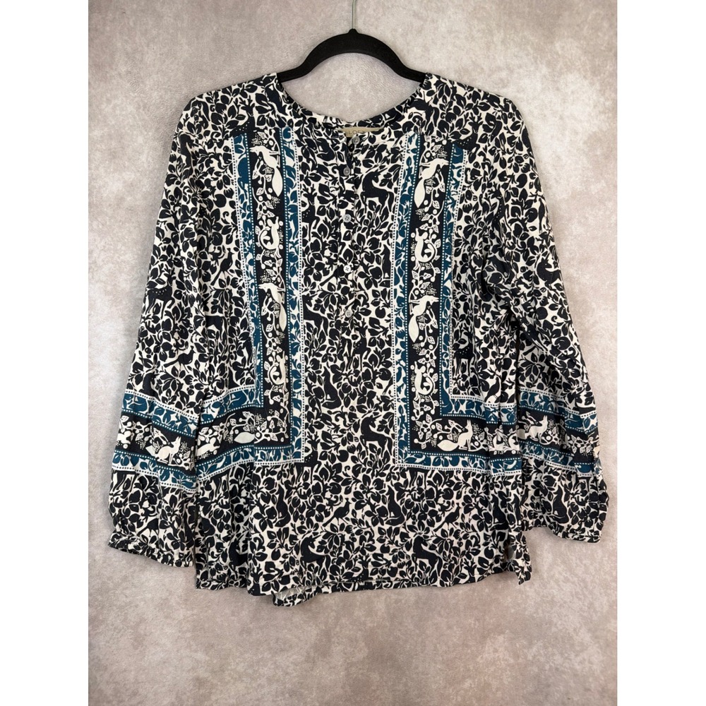 LOFT Blouse Medium Navy White Teal Woodland Animal Floral Fox Unicorn boho